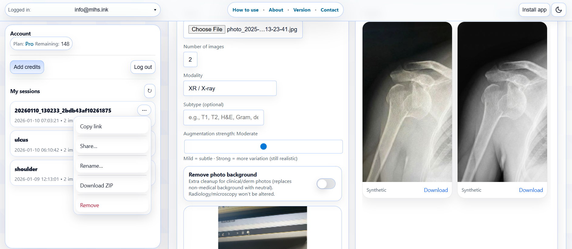 Step 4 — Account dashboard: sessions, share links, ZIP, downloads